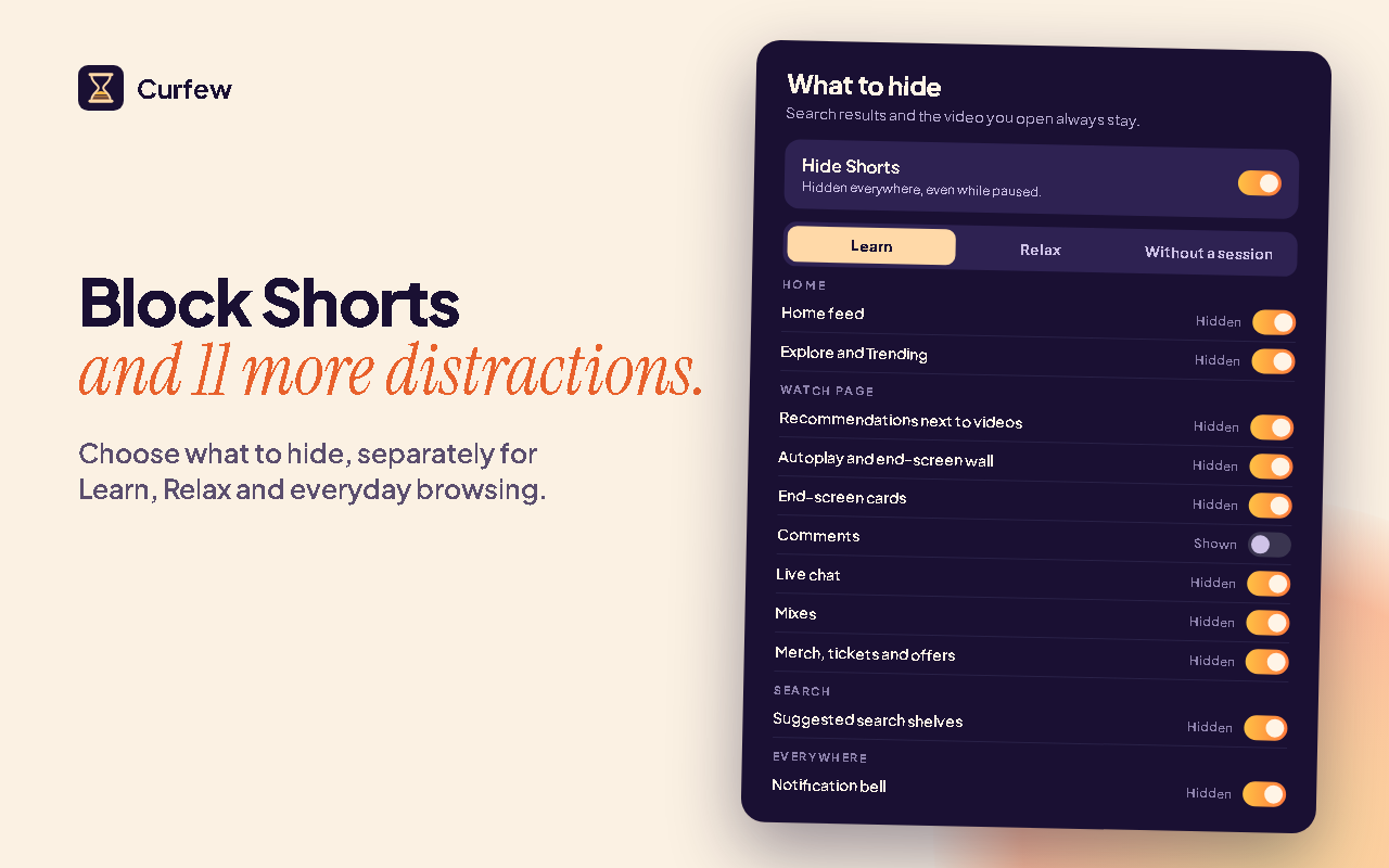 Curfew's What to hide settings: Shorts and 11 more parts of YouTube, set separately for Learn, Relax and no session.